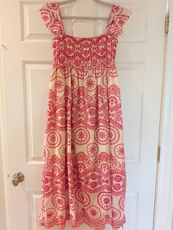 Sundayup Dresses & Skirts - Sunday Up Cream and Pink Smocked Sundress with Ruffle Straps